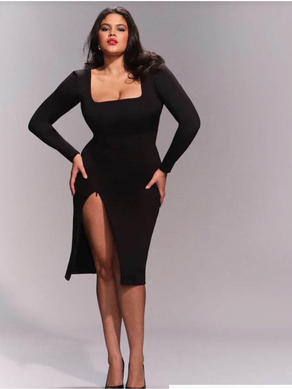 TA3 Square-Neck Black Long-Sleeve Midi Dress with Thigh Slit